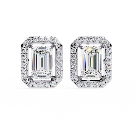 0.85 Carat Emerald-Cut Solitaire Stud Earrings with Halo