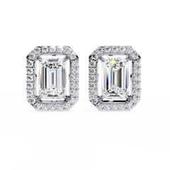0.85 Carat Emerald-Cut Solitaire Stud Earrings with Halo