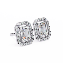 0.85 Carat Emerald-Cut Solitaire Stud Earrings with Halo