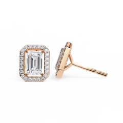 0.85 Carat Emerald-Cut Solitaire Stud Earrings with Halo