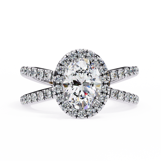1.56 Carat Oval Cut Halo Solitaire Ring with Split Shank in 18K Gold – Wedding & Anniversary Ring for Women