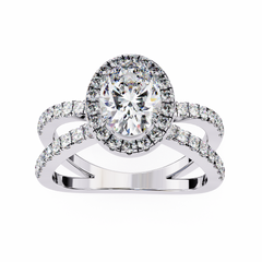 1.56 Carat Oval Cut Halo Solitaire Ring with Split Shank in 18K Gold – Wedding & Anniversary Ring for Women